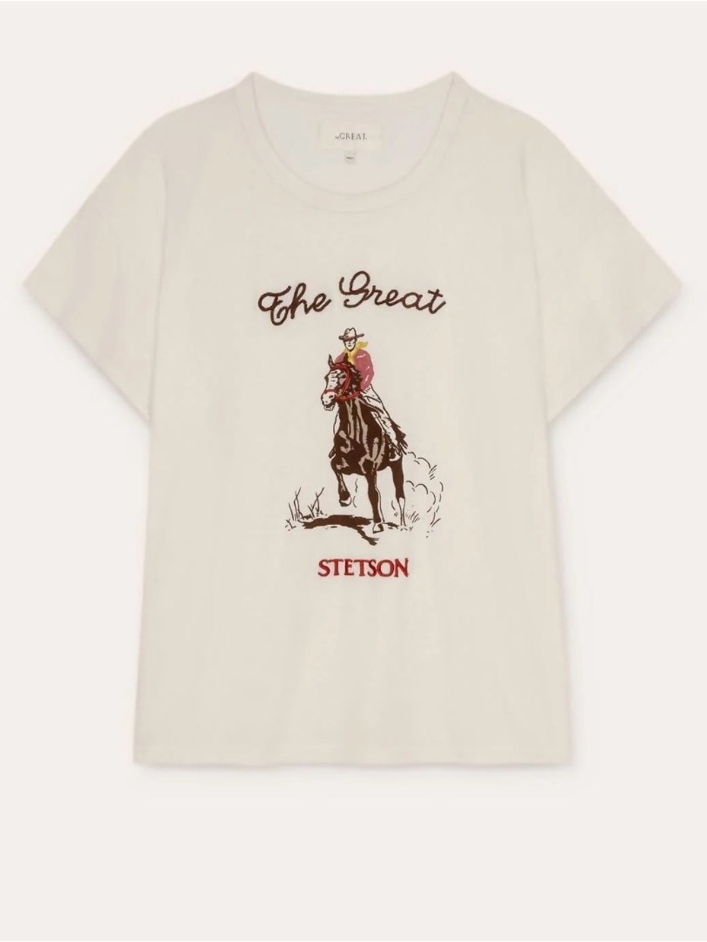 THE GREAT x Stetson Cream Graphic Short Sleeve Tee with Brown & Red Horse Motif